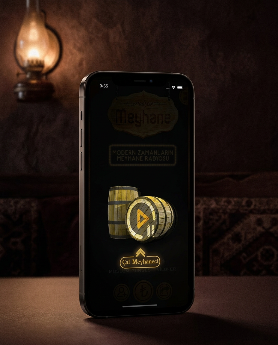 Radyo Meyhane iOS uygulaması, gaz lambası ışığında bir iPhone üzerinde
